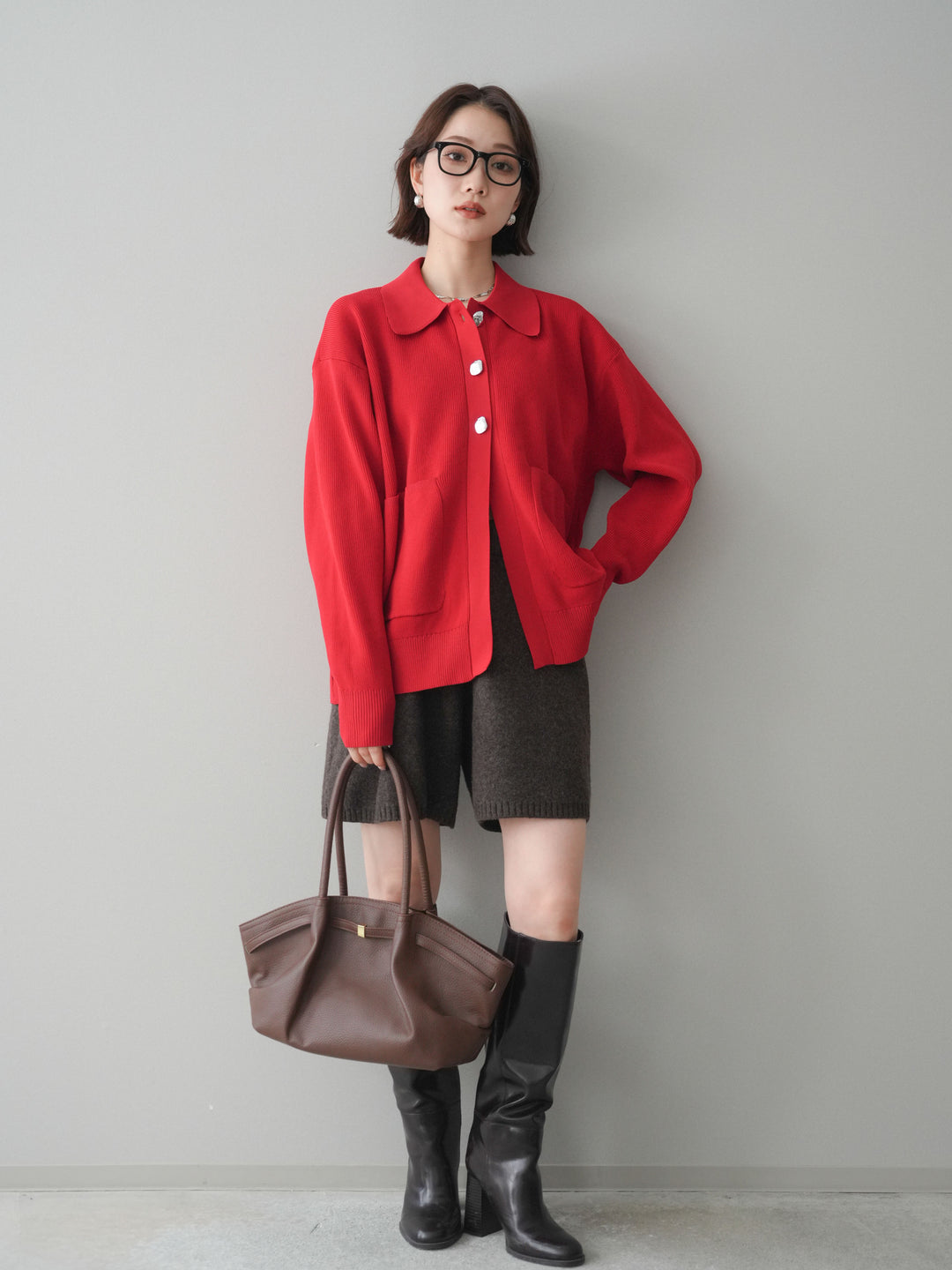 [予約]メタルボタン襟付きポリエステルニットカーディガン/red