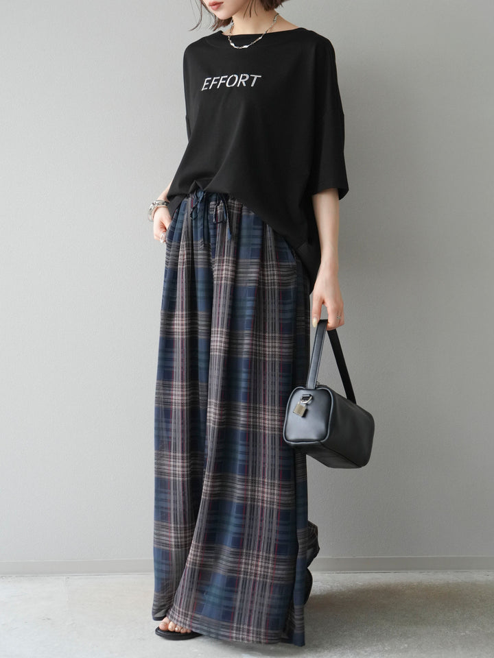 [套裝] 不同材質金屬標誌刺繡 x 印花T卹 + 透視格紋寬鬆褲（2 件套）