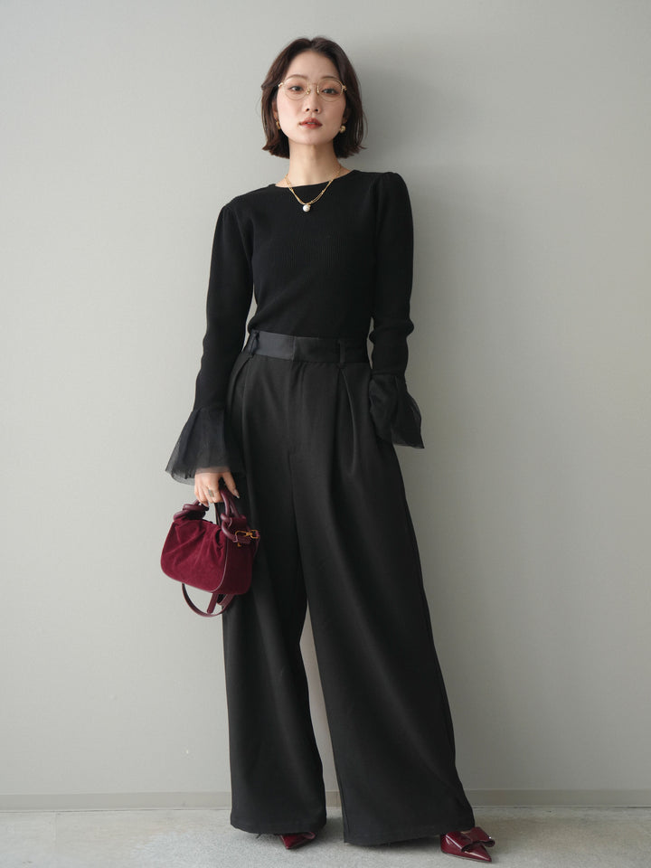 [予約]サテンベルトタックワイドパンツ/black