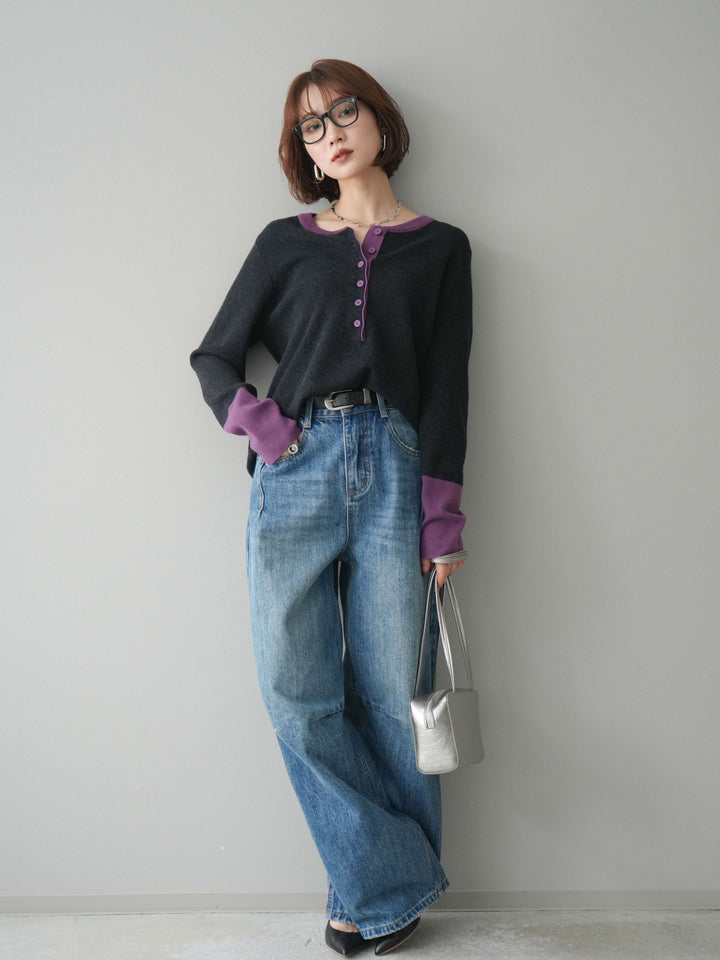 [SET]ヘンリーネック配色ニットソー+ヘンリーネック配色ニットソー(2set)