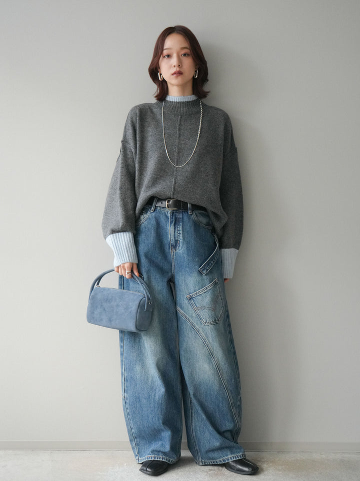 [SET]配色ハイネックニットプルオーバー+ペインターカーブデニムパンツ(2set)