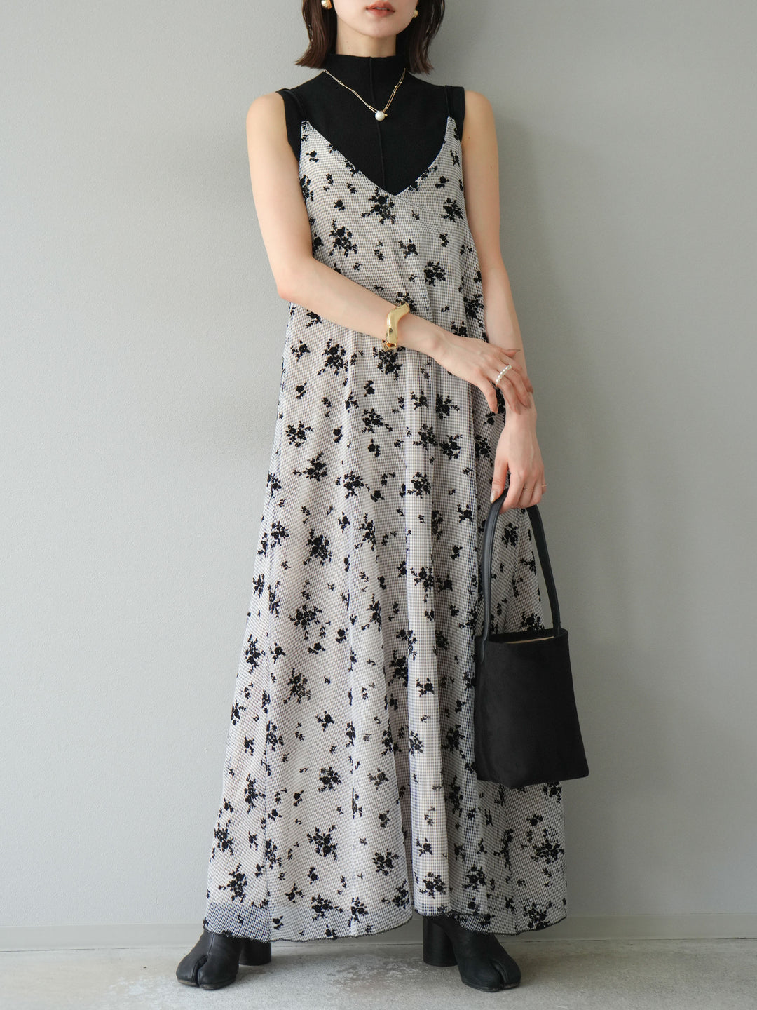 [SET]フロッキーチュールレイヤードベロアキャミワンピース+プチネックセンターシームノースリーニットトップス(2set)