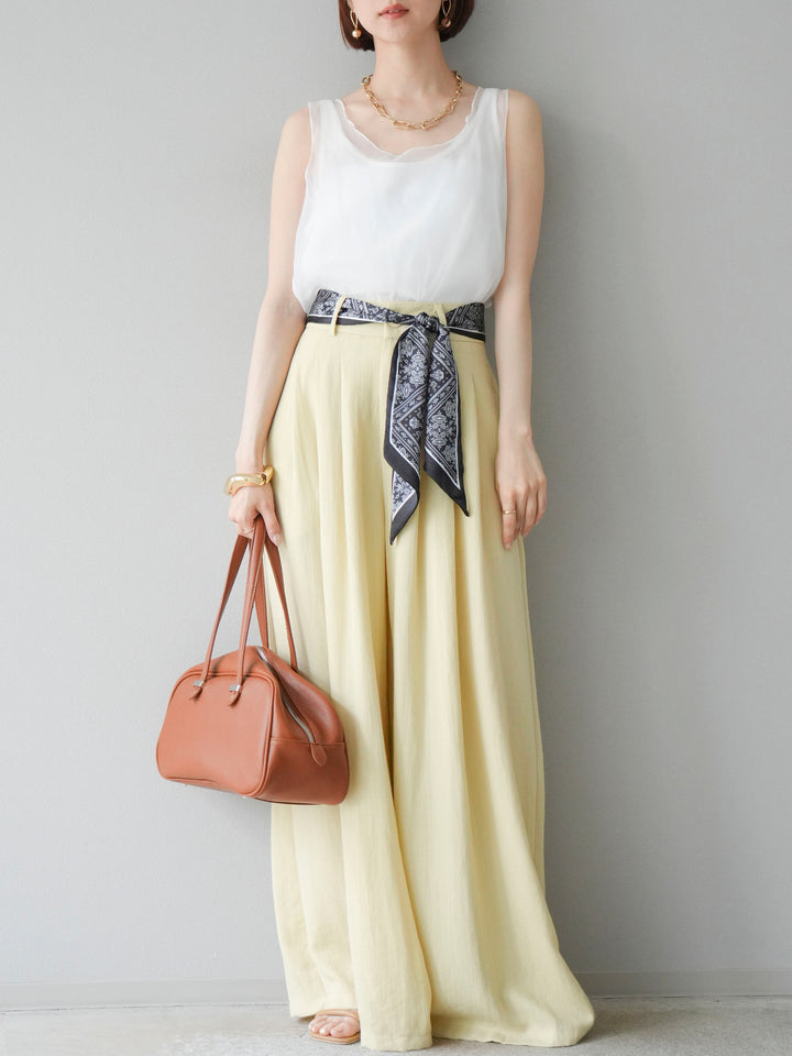 [予約]スカーフベルト付3タックワイドパンツ/イエロー