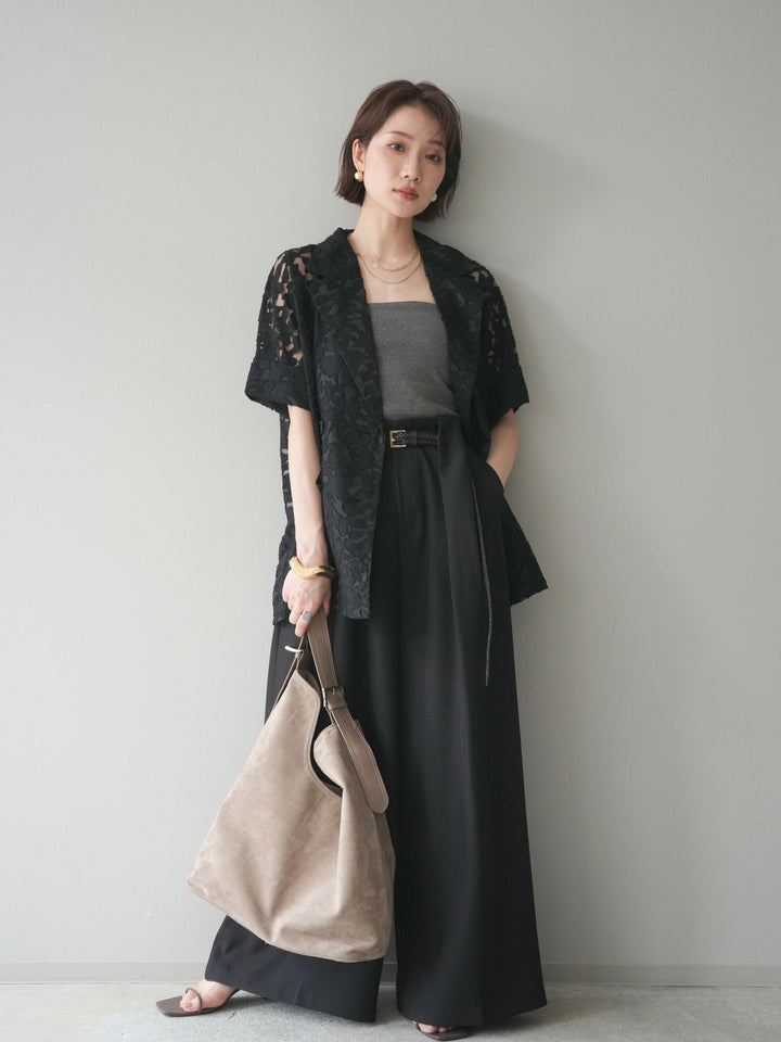 【套裝】花朵蕾絲短袖外套+垂褶收腰帶環長褲（兩件套）