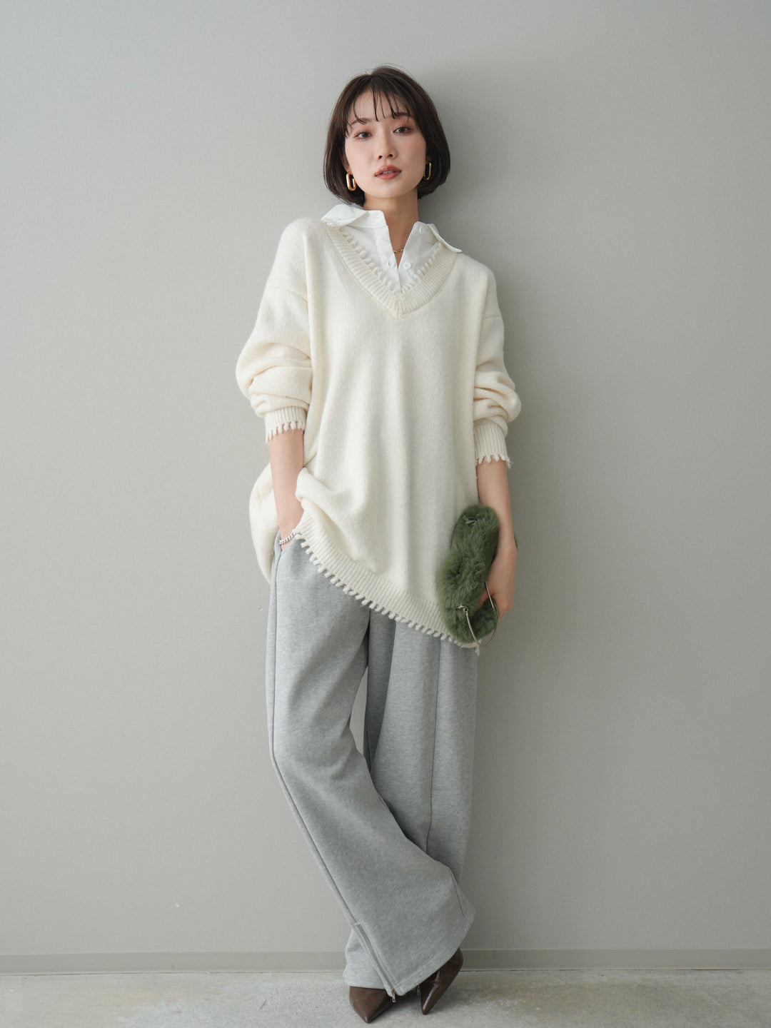 [SET]シャツドッキングVネックフリンジニットプルオーバー+選べるアクセセット(2set)