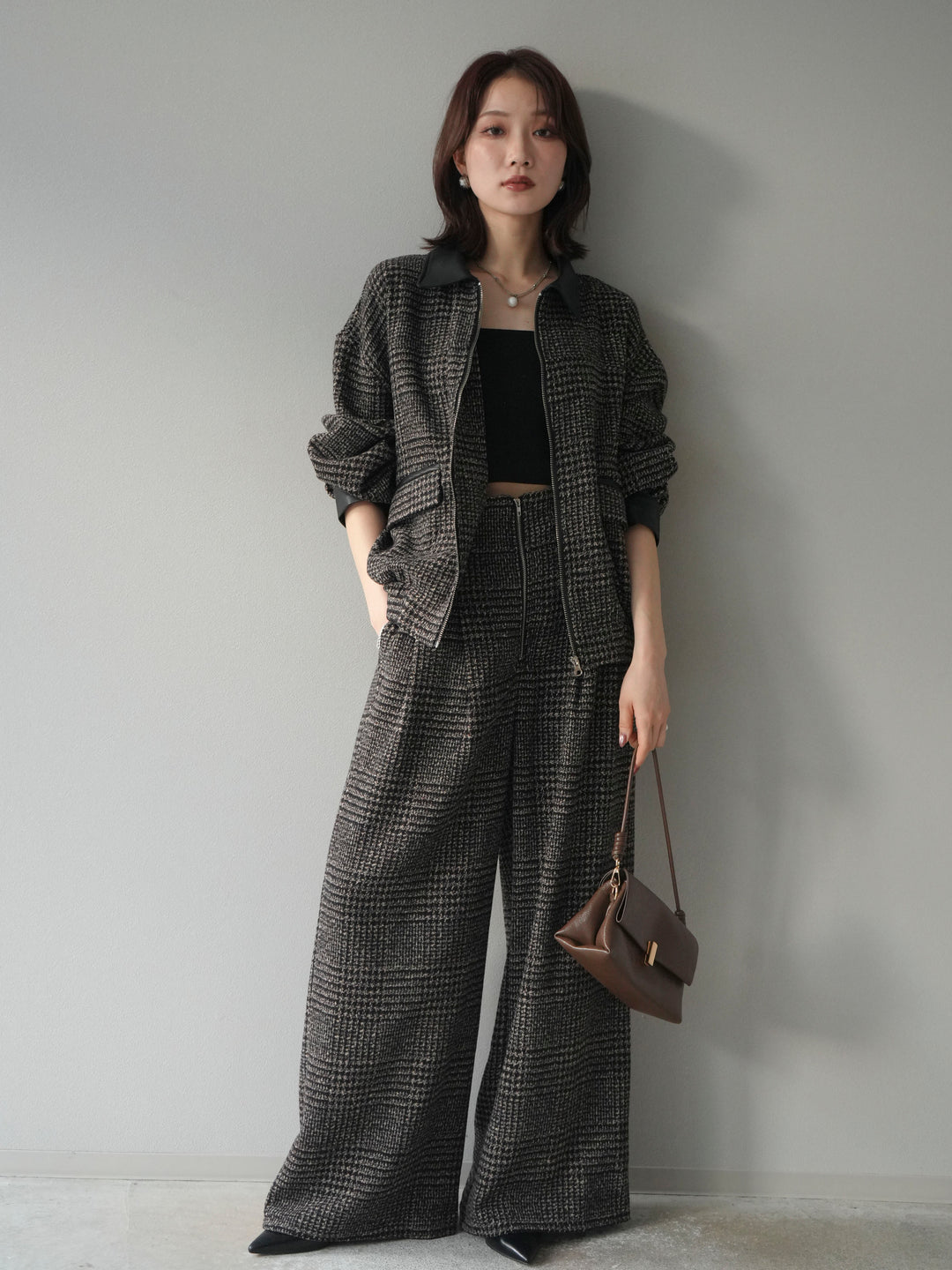 [予約]レザー襟ミックスツイードジャケット/brown