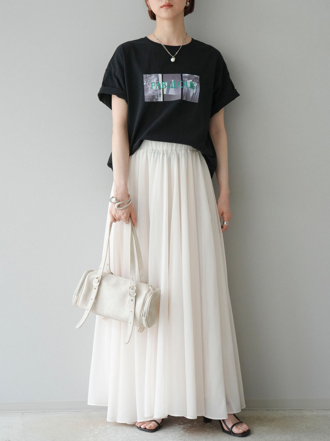 [SET]ネオンロゴコラージュフォトプリントオーバーTシャツ+シフォンフレアスカート(2set)