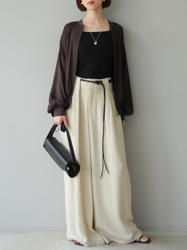 【預購】繩紋設計腰帶亞麻觸感寬褲/米色