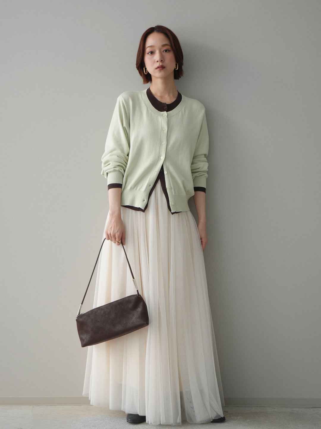 [予約]配色レイヤードコットンアクリルニットカーディガン/mint