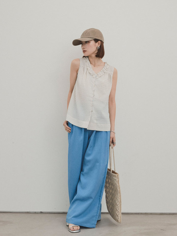[SET] 條紋荷葉邊襯衫 + 亞麻觸感褶皺寬褲 (2 件套)