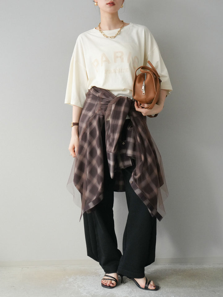 [SET]ピグメントロゴプリントTシャツ+2WAYデザインスウェットパンツ+チュールドッキングチェック柄オーバーサイズシャツ(3set)