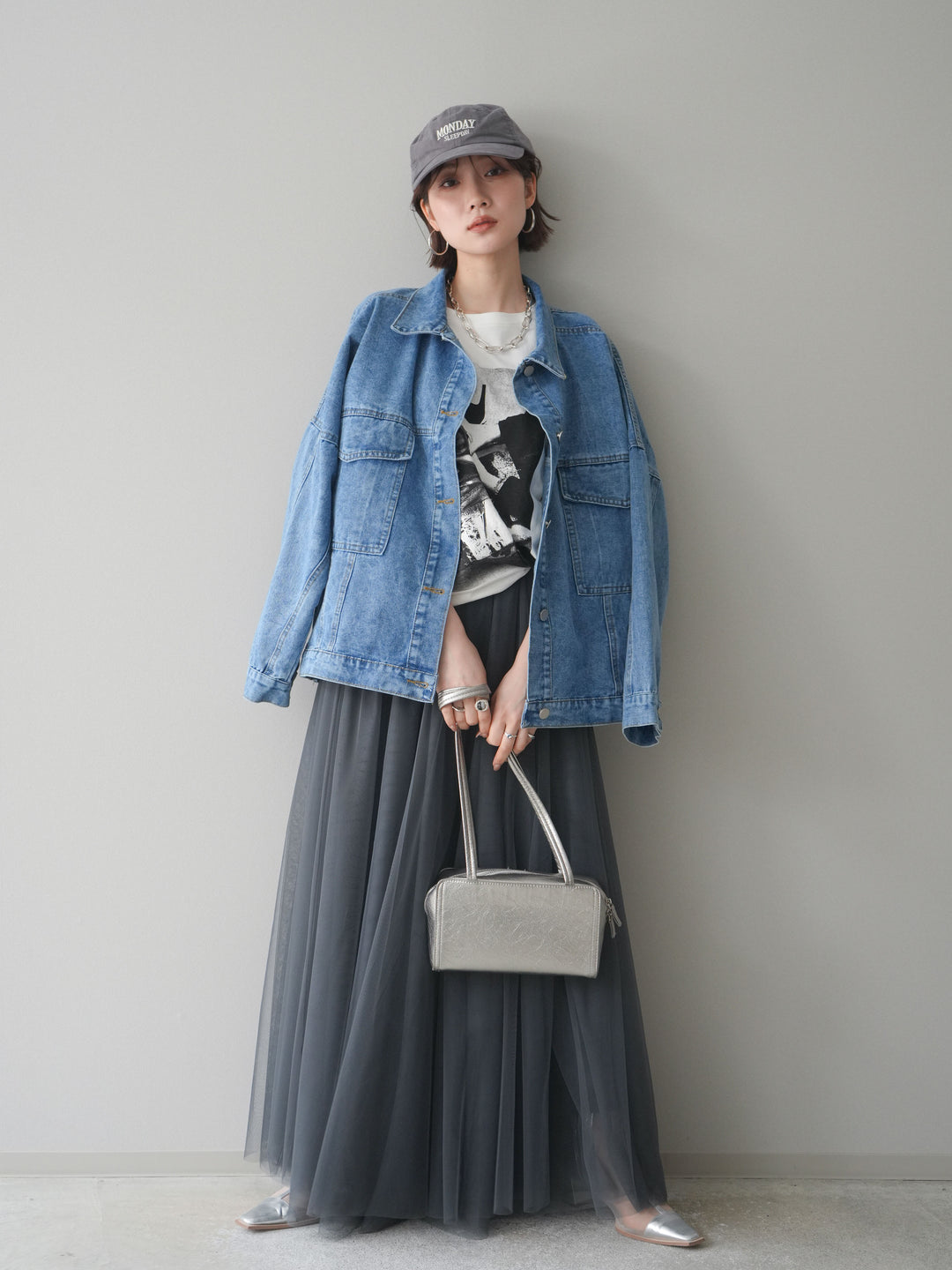 [SET]ルーズシルエットデニムジャケット+チュールボリュームスカート(2set)