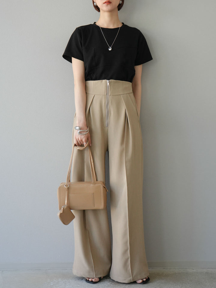 [SET]ビスチェデザインTシャツ+ジップタックワイドパンツ(2set)