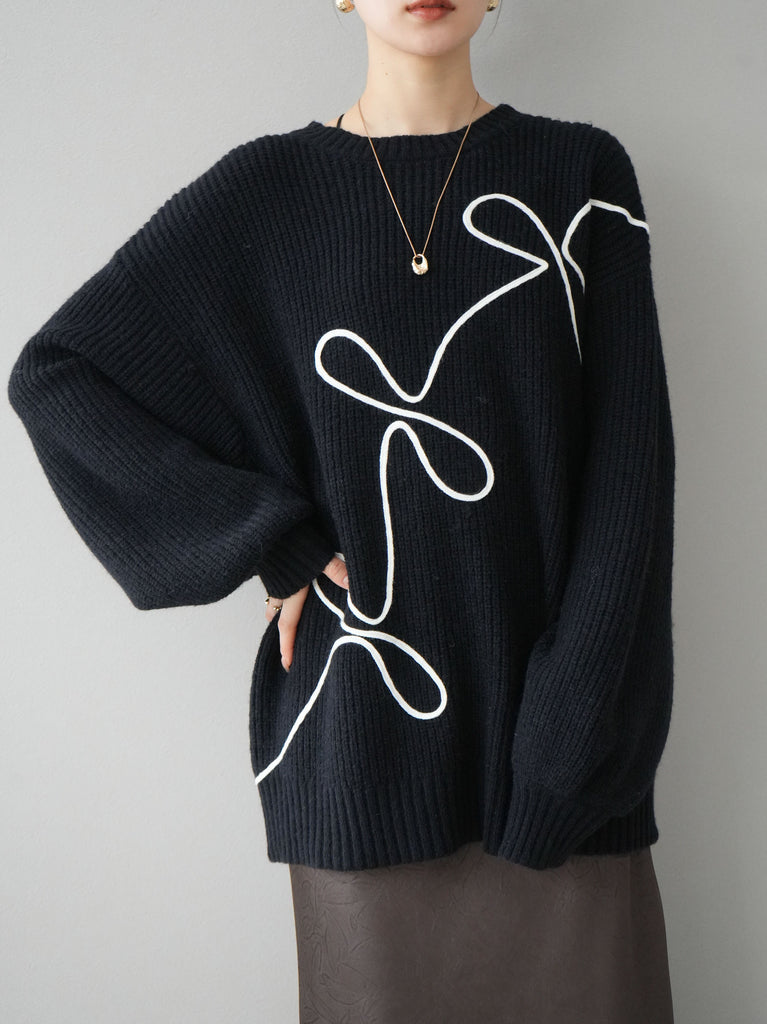 予約]ウールタッチコードリボン刺繍ニットプルオーバー/ブラック – Lumier