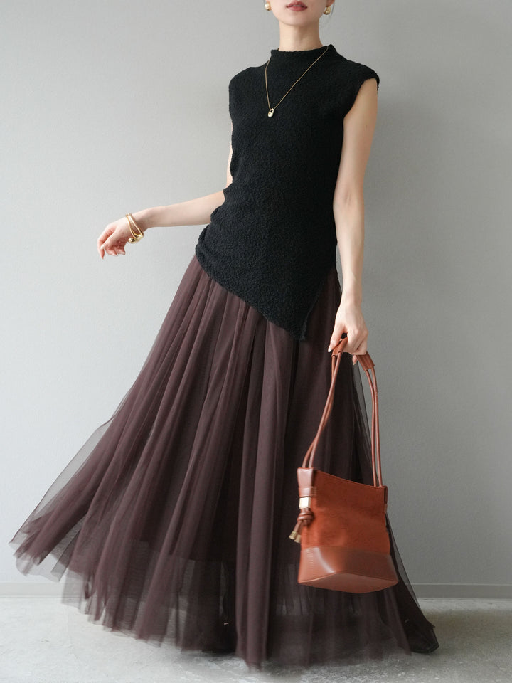 [SET]ブークレアシメニットノースリーブトップス+チュールボリュームスカート(2set)