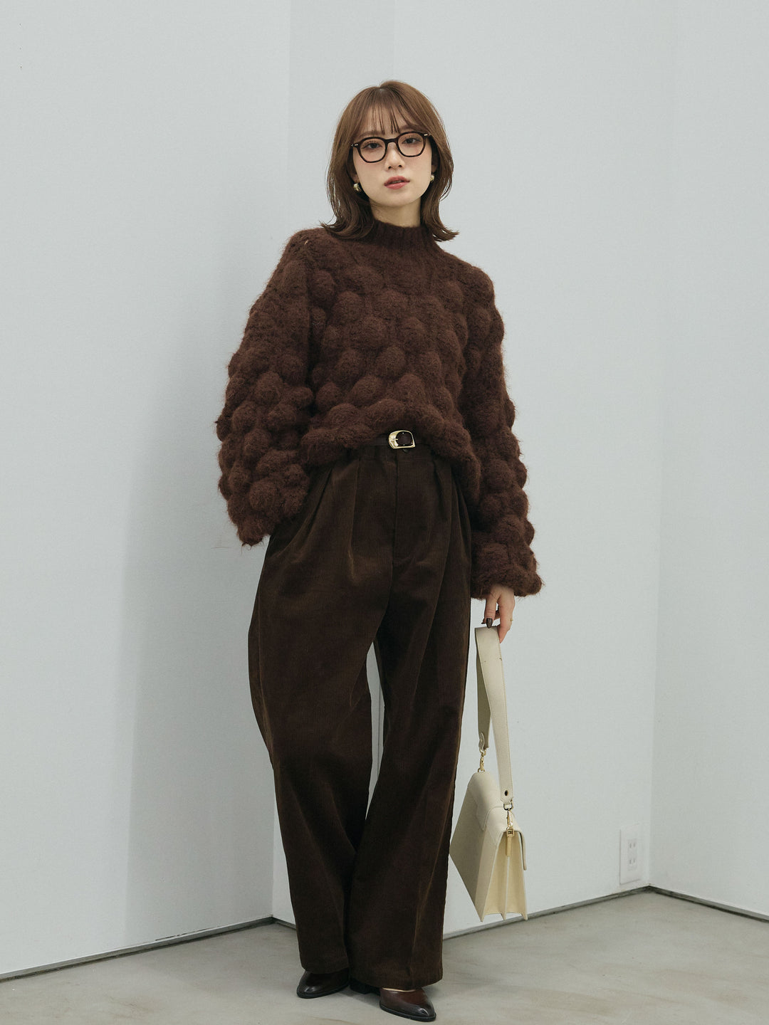 [予約]ポップコーンハイネックニットプルオーバー/brown