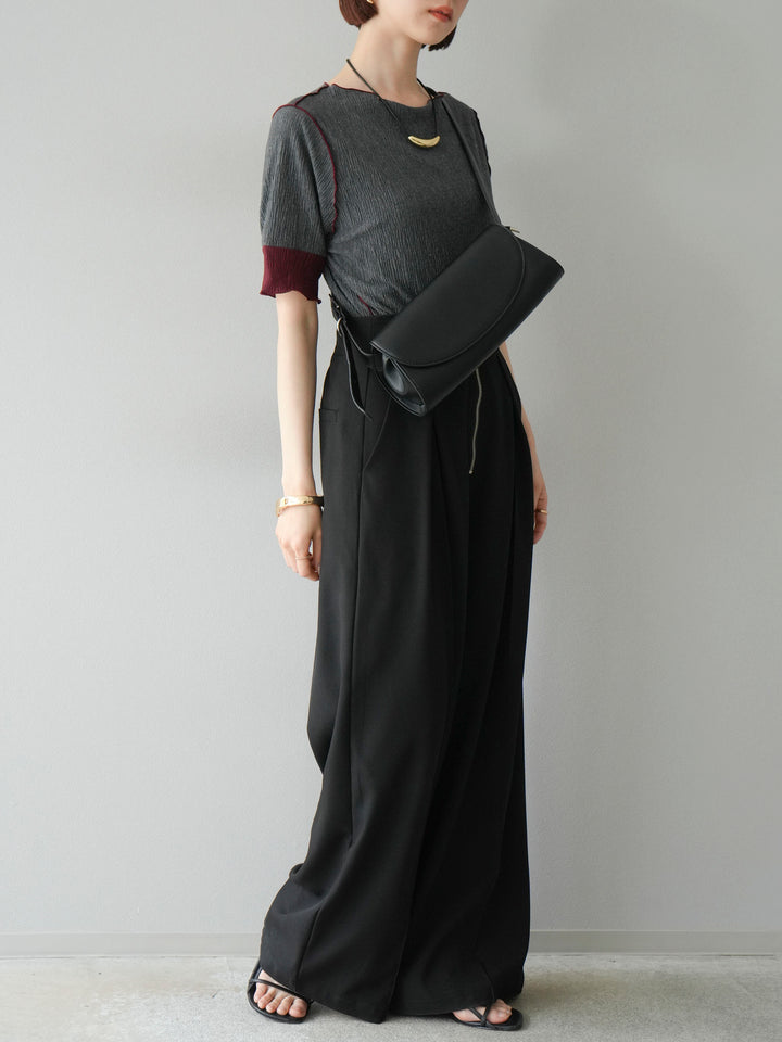 [SET] 百褶同色船領套頭衫 + 拉鍊褶襉寬褲 (2 套)