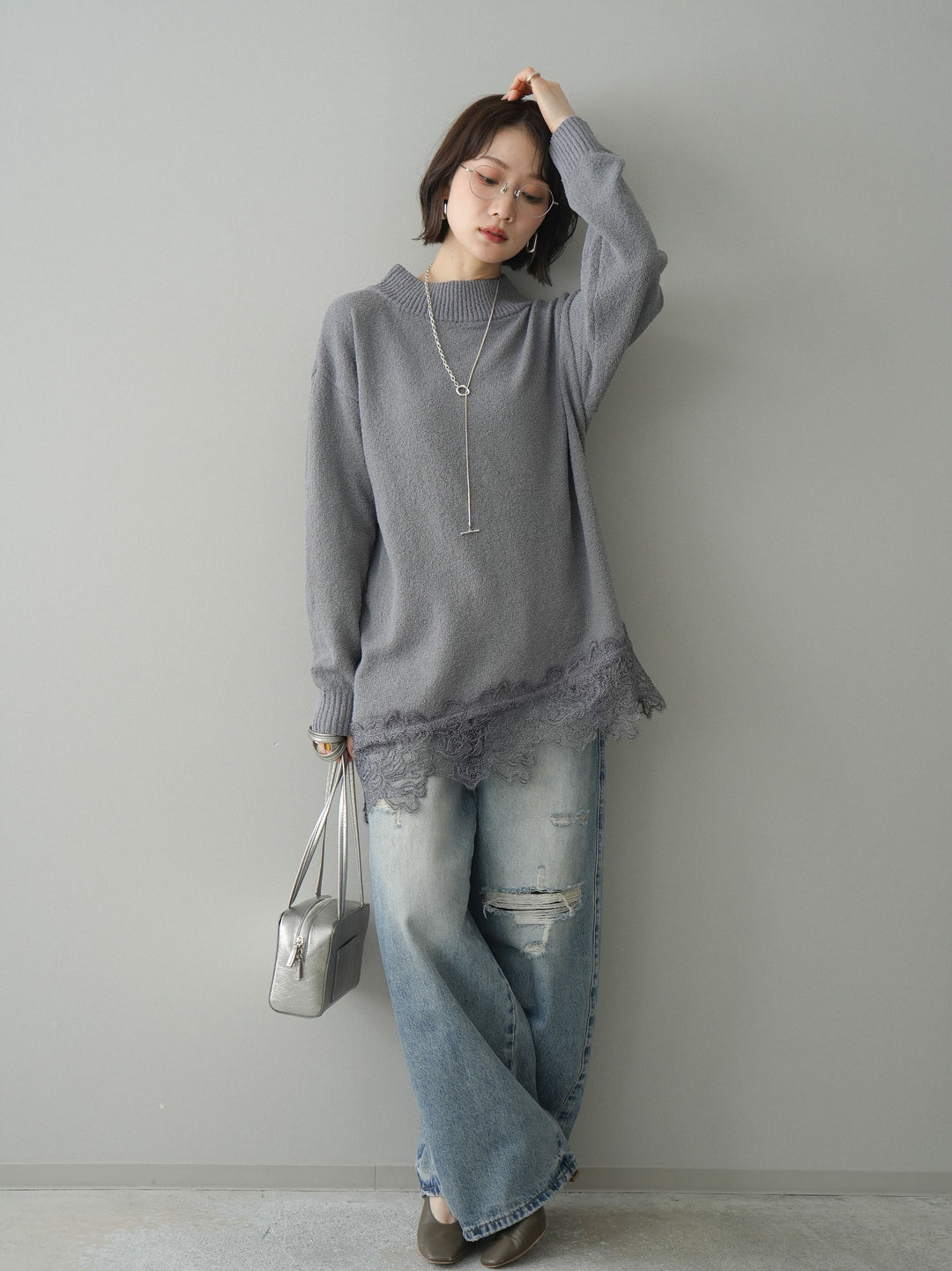 [SET]アシンメトリーレースヘムニットプルオーバー+ダメージデニムセミワイドパンツ(2set)