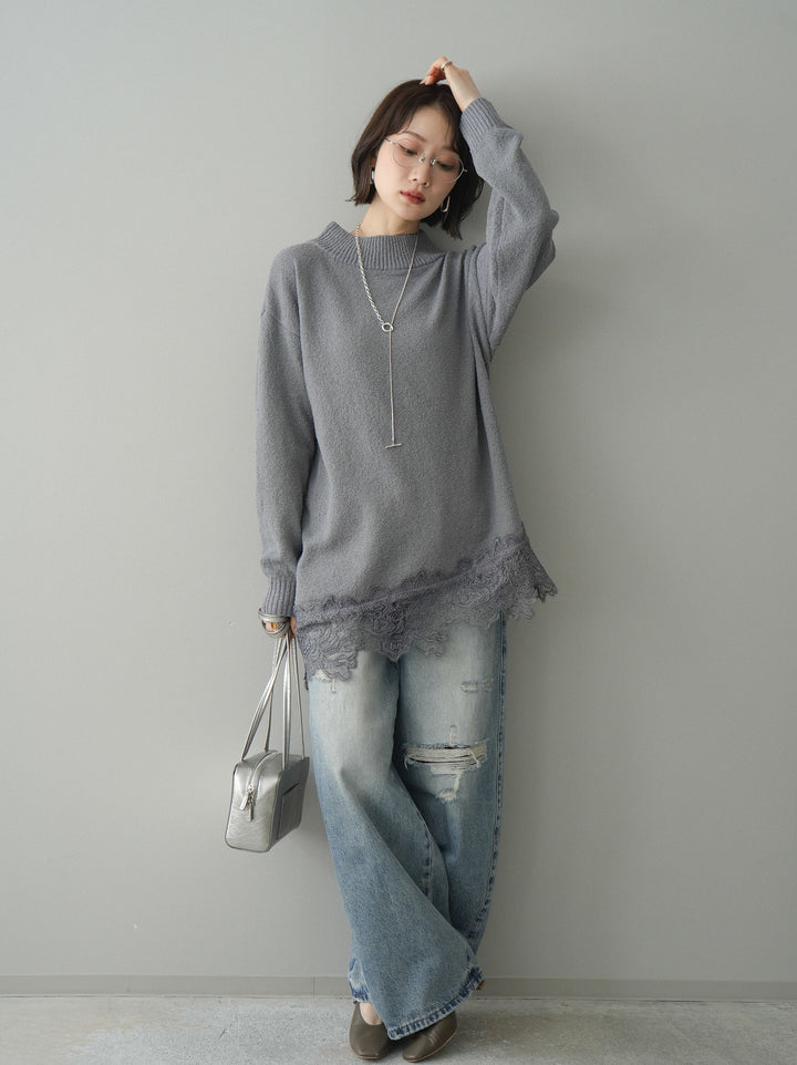[SET]アシンメトリーレースヘムニットプルオーバー+ダメージデニムセミワイドパンツ(2set)