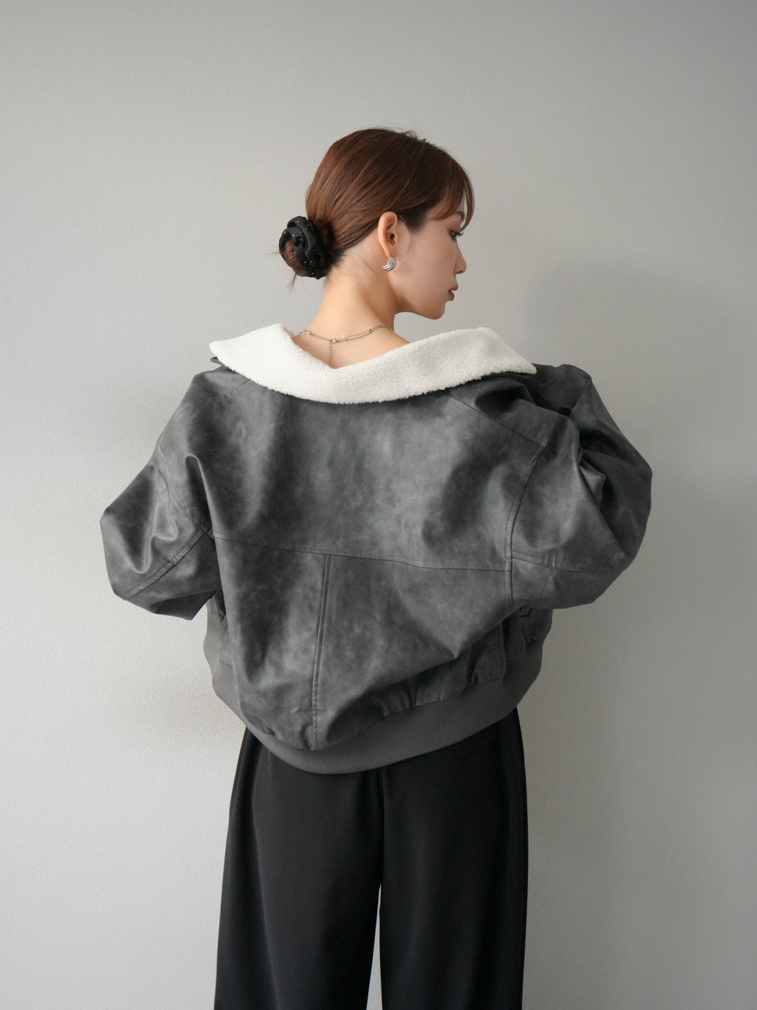 [予約]襟ボアヴィンテージレザーブルゾン/ブラック