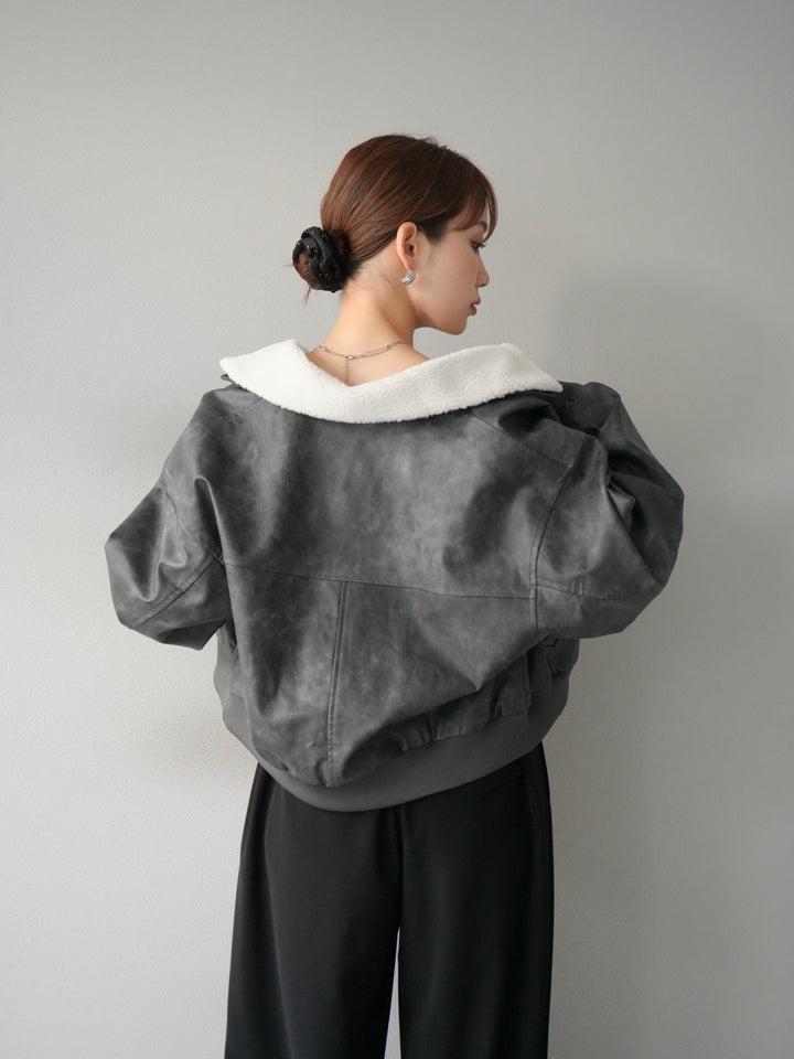 [予約]襟ボアヴィンテージレザーブルゾン/ブラック