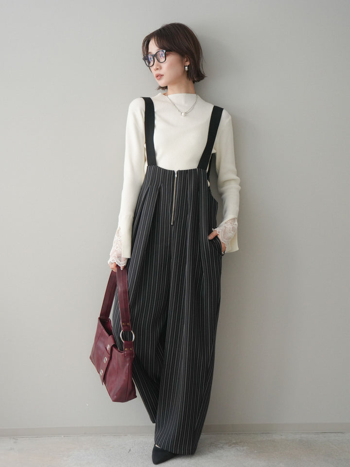 [SET]袖スカラップレースオフネックニットトップス+グログランテープストライプサロペット(2set)