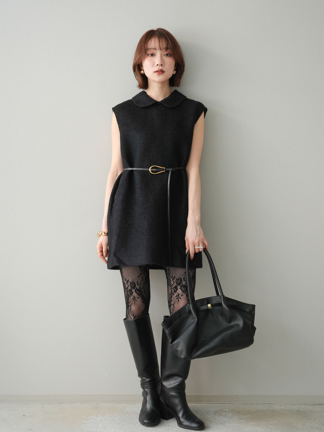 [予約]襟付きブークレミニワンピース/black