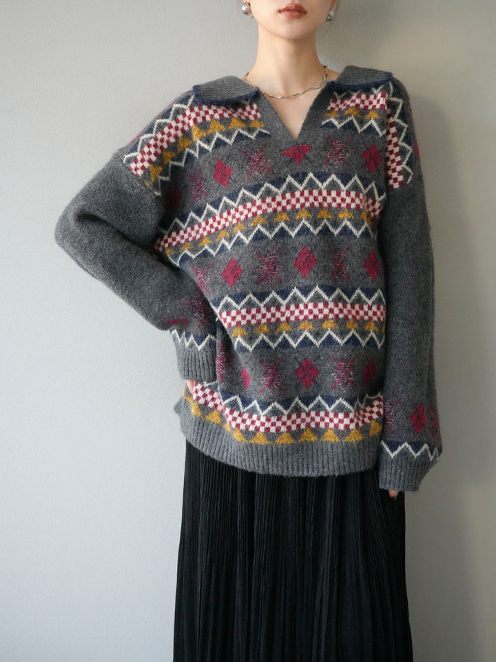 [予約]ノルディック柄ポロニットプルオーバー/チャコール