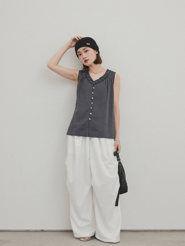 [SET] 條紋荷葉邊上衣 + 附設計環的側褶褲 (2 套)
