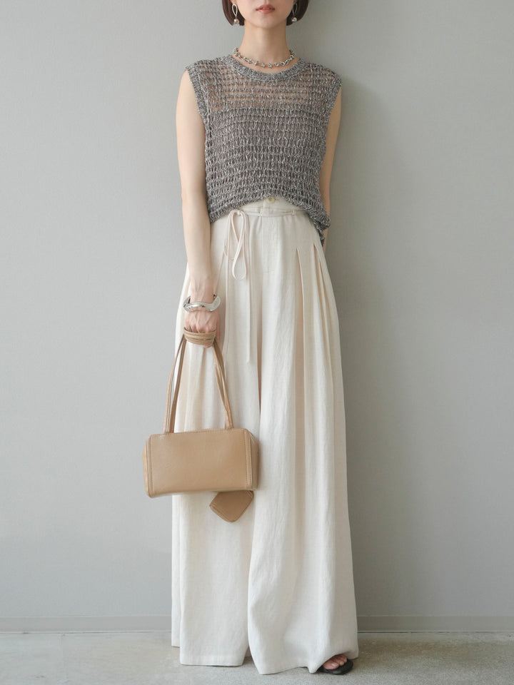 【預購】仿亞麻雙褶設計寬褲/象牙白