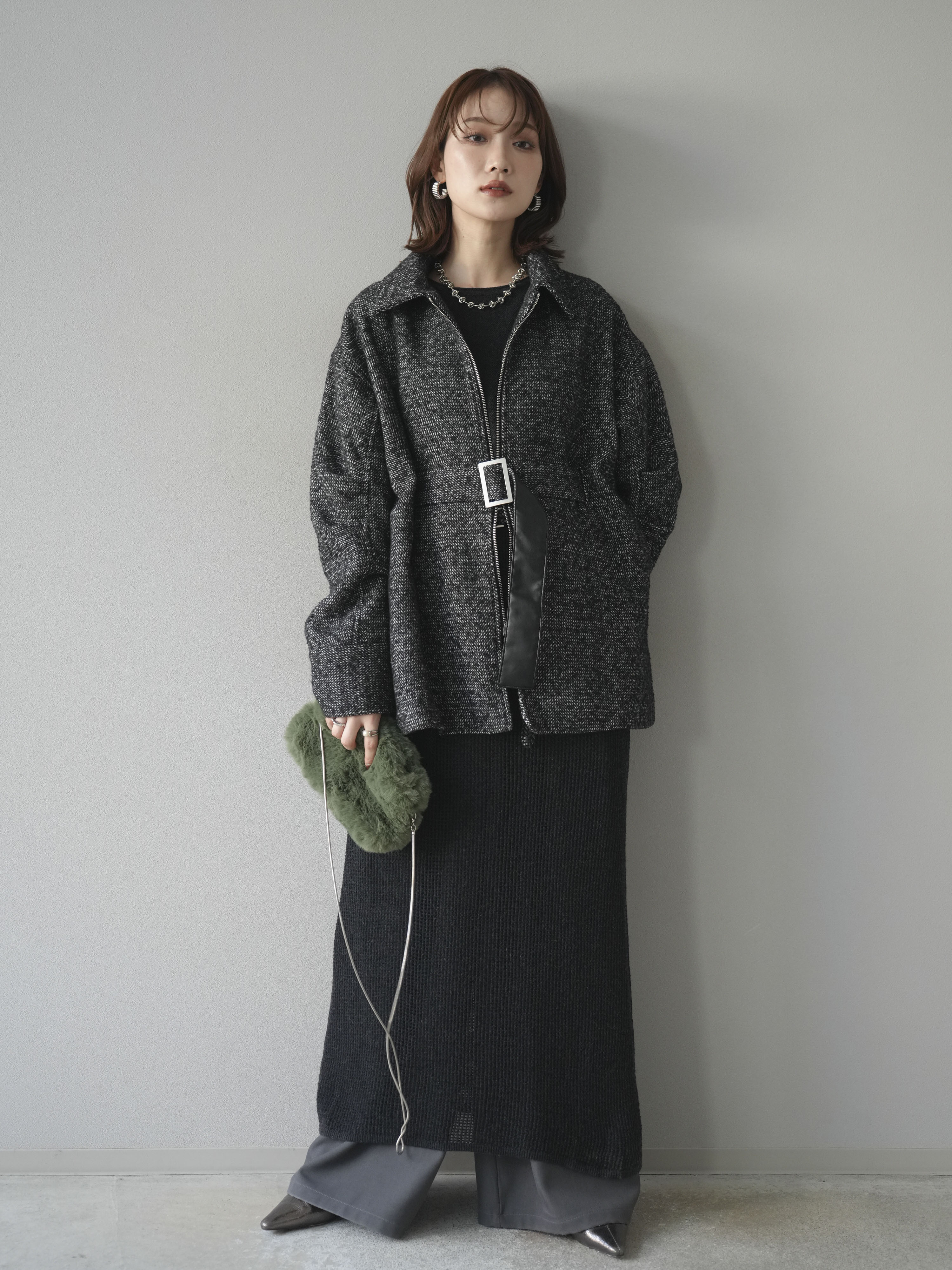予約]メッシュ切替ノースリーニットワンピース/darkgray – Lumier