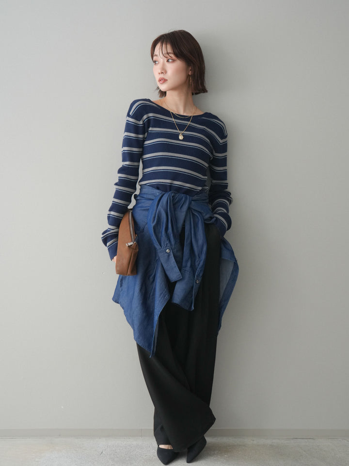 [予約]バックオープンテレコリブマルチボーダートップス/navy