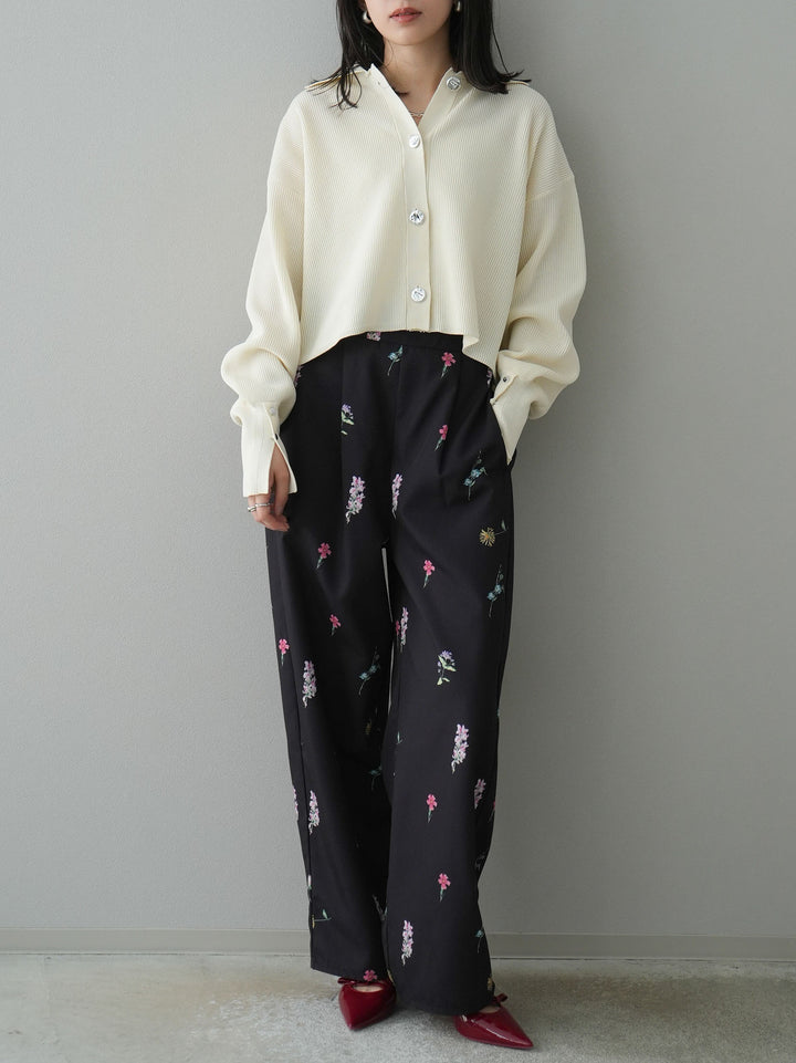 [SET]ボリュームスリーブポロニットカーディガン+フラワーアートプリントタックパンツ(2set)