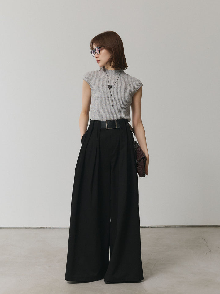 [予約]ベルト付ダブルループワイドパンツ/ブラック