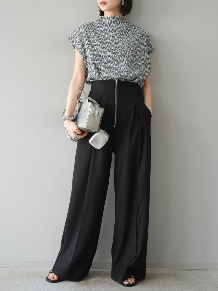 [SET] 多色隨機百褶法式上衣+拉鍊褶襉寬褲（2件套）