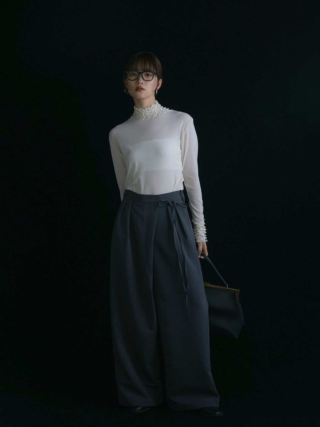 【Allure】[SET]シアーフリルメロートップス+ラップデザインタックワイドパンツ(2set)