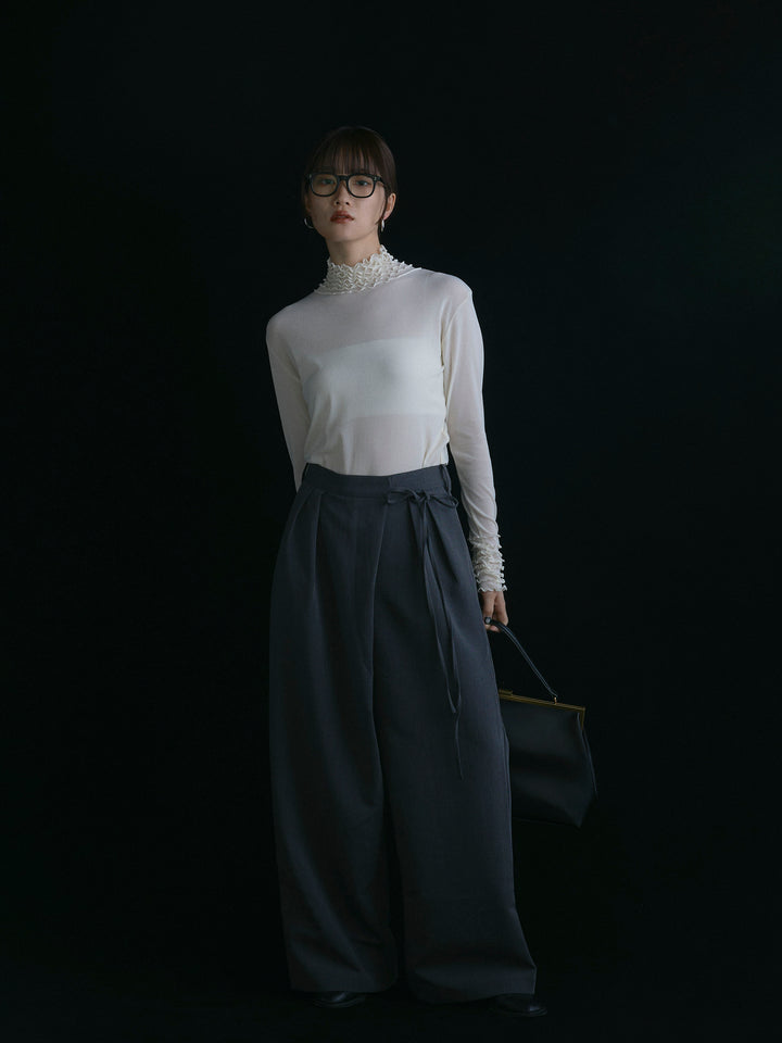 【Allure】[SET]シアーフリルメロートップス+ラップデザインタックワイドパンツ(2set)