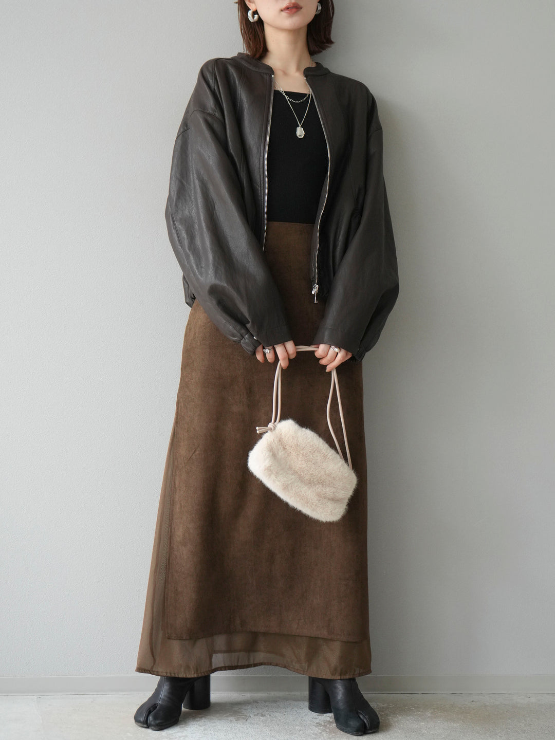 [予約]サイドスリットスウェードドッキングシフォンスカート/ブラウン