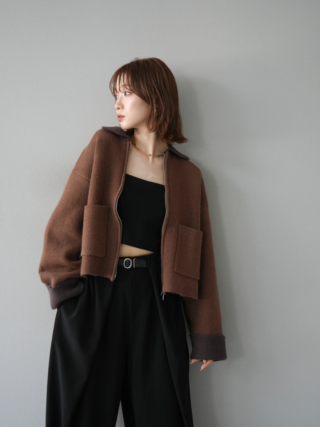 [予約]ポロ襟ジップニットカーディガン/キャメル