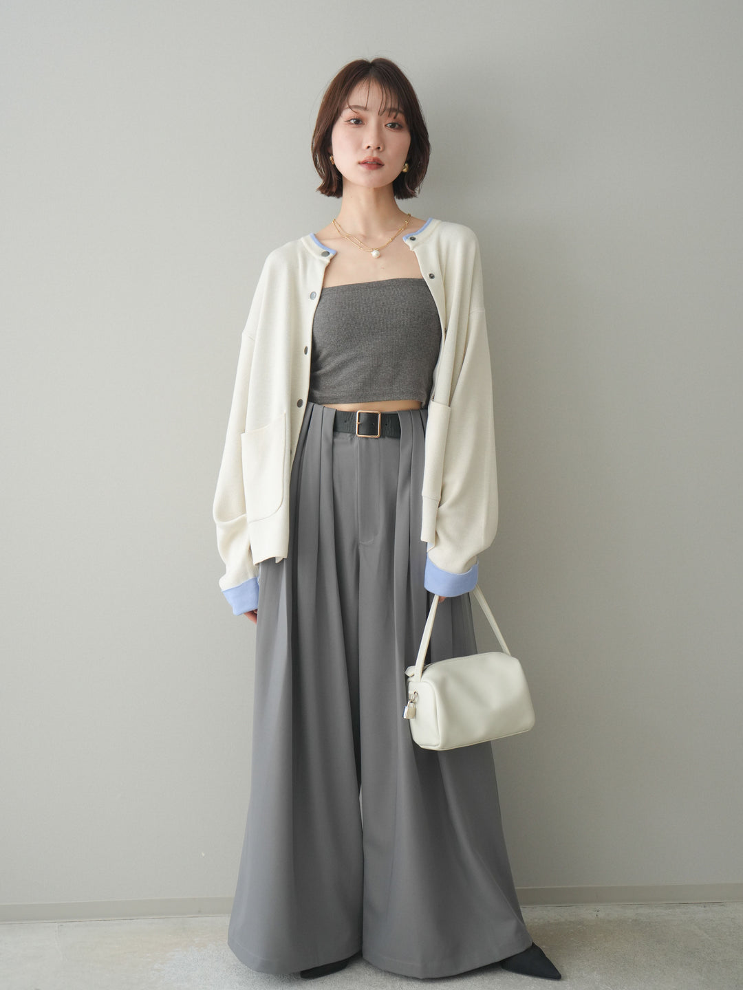 [SET]バイカラーオーバーニットカーディガン+タックベルトループワイドパンツ(2set)