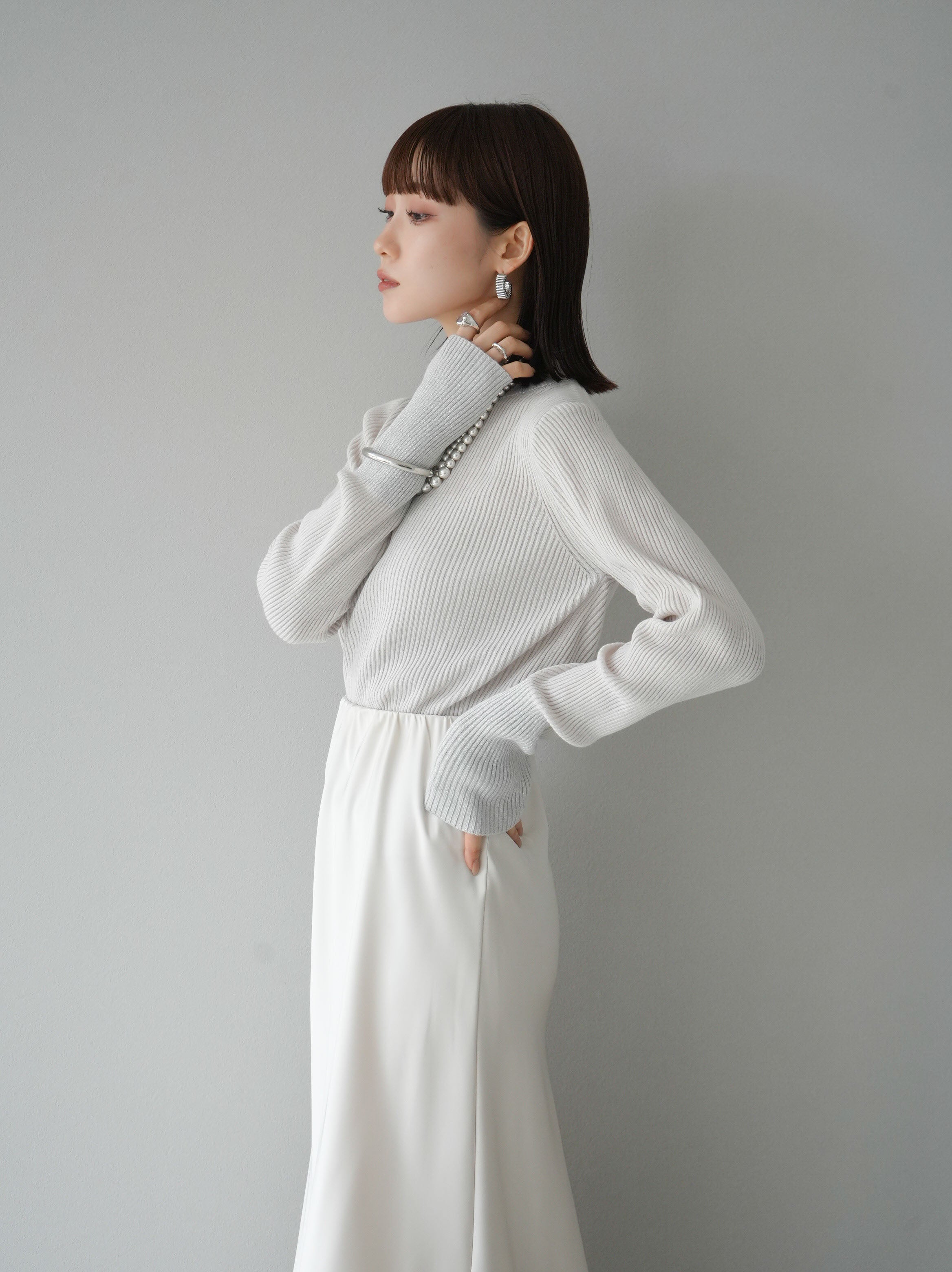 SET]ボトルネックラメ切替リブニットトップス+ボトルネックラメ切替