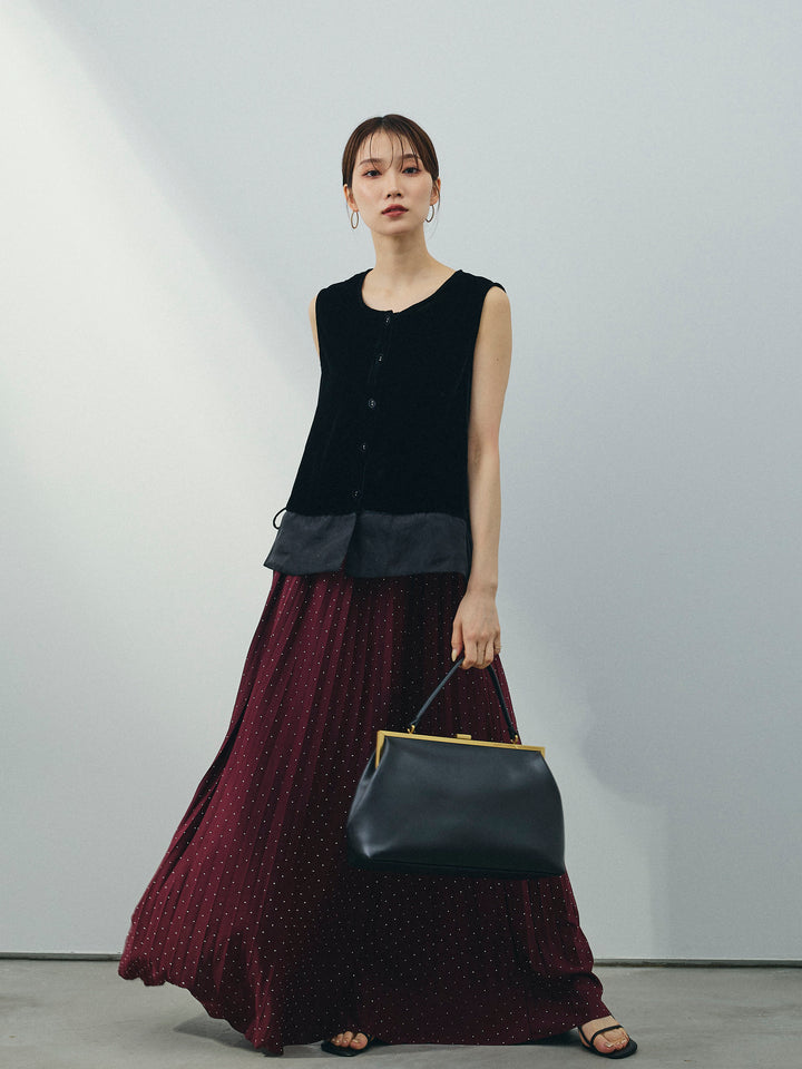 [SET]裾チュールベロアノースリーブプルオーバー+ラインストーンプリーツスカート(2set)