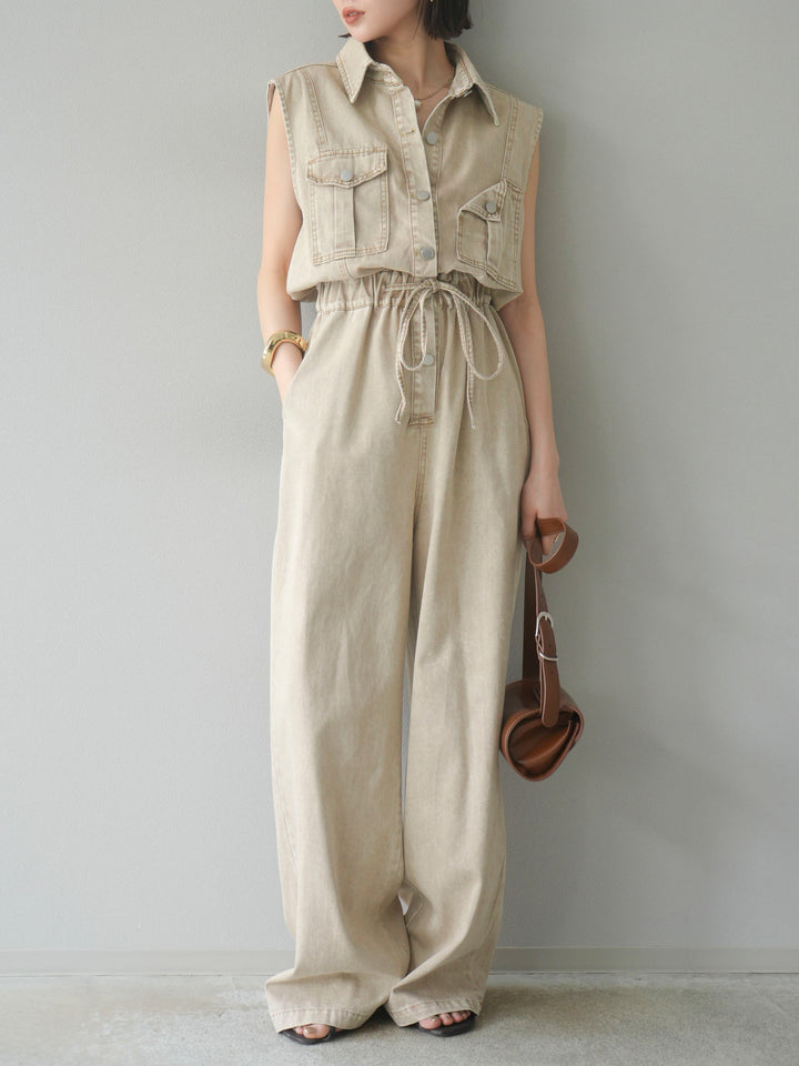 [予約]ポケットデザインデニムオールインワン/キャメル