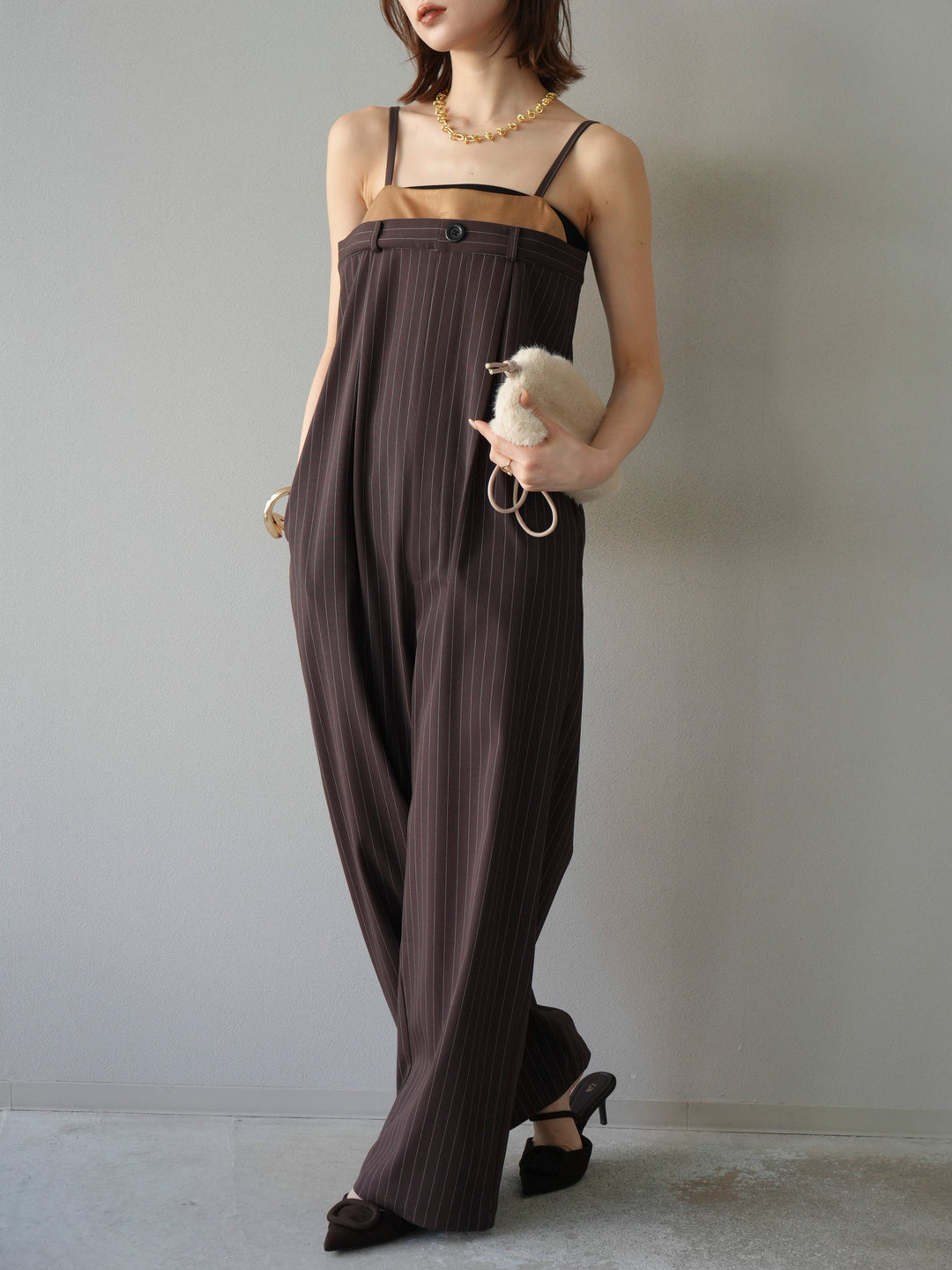 [予約]サテン切替ピンストライプサロペット/ブラウン