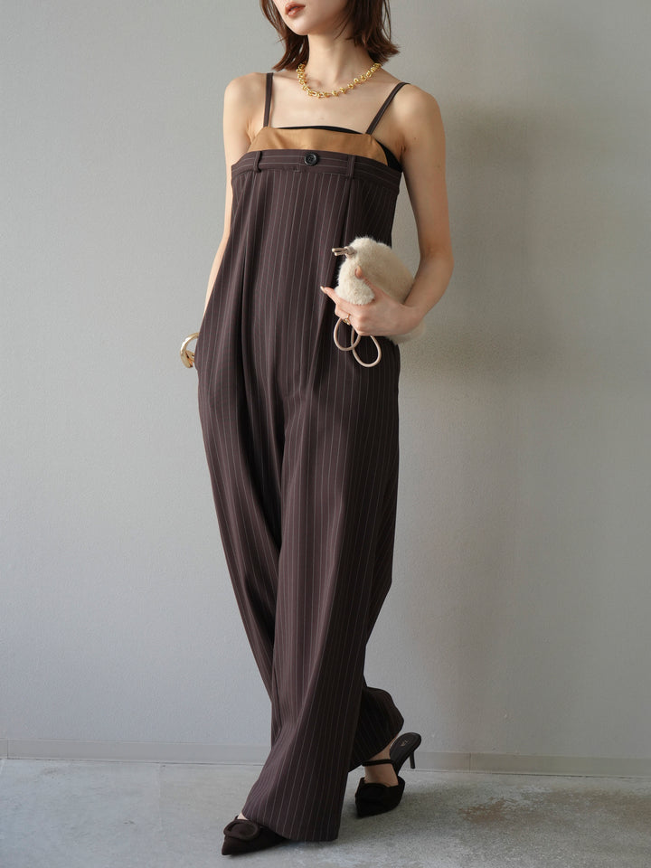 [予約]サテン切替ピンストライプサロペット/ブラウン