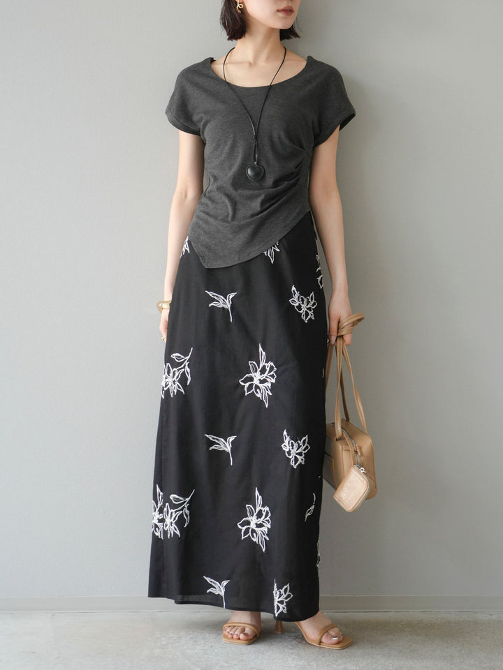 [予約]フラワー刺繍ナロースカート/ブラック