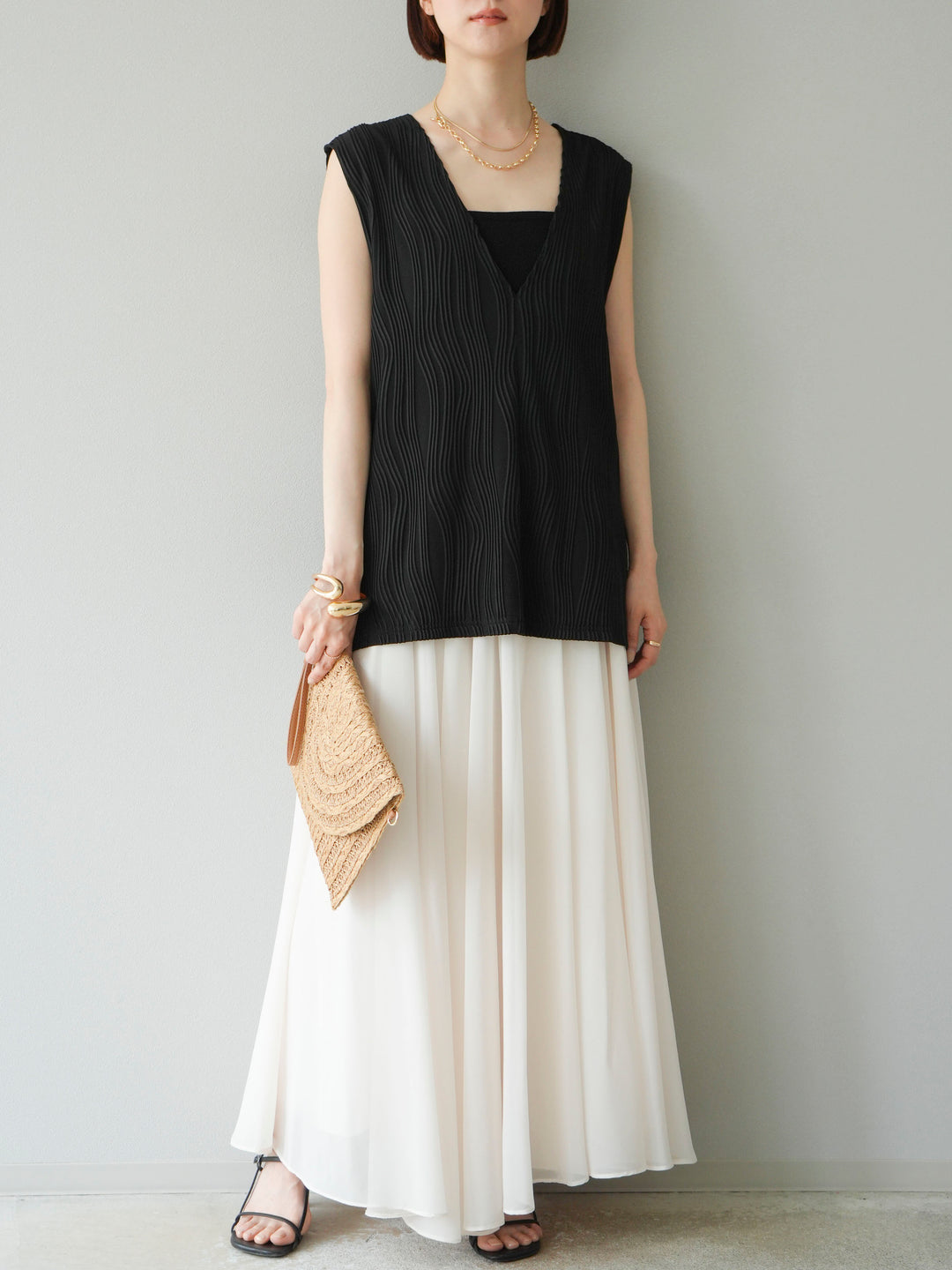 [SET]ウェーブパイピングVネックベスト+シフォンフレアスカート(2set)
