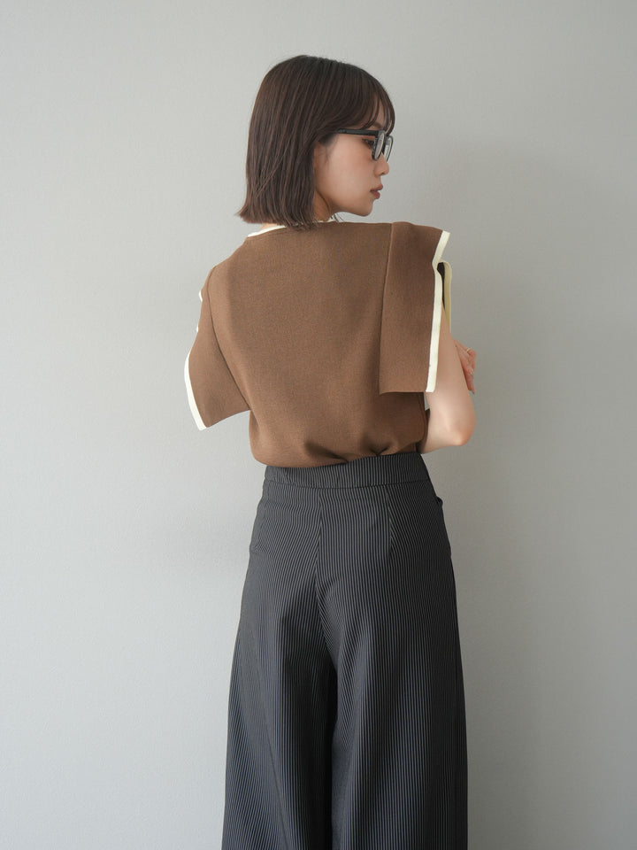 [予約]リネンタッチスクエアスリーブ配色ニットプルオーバー/モカ