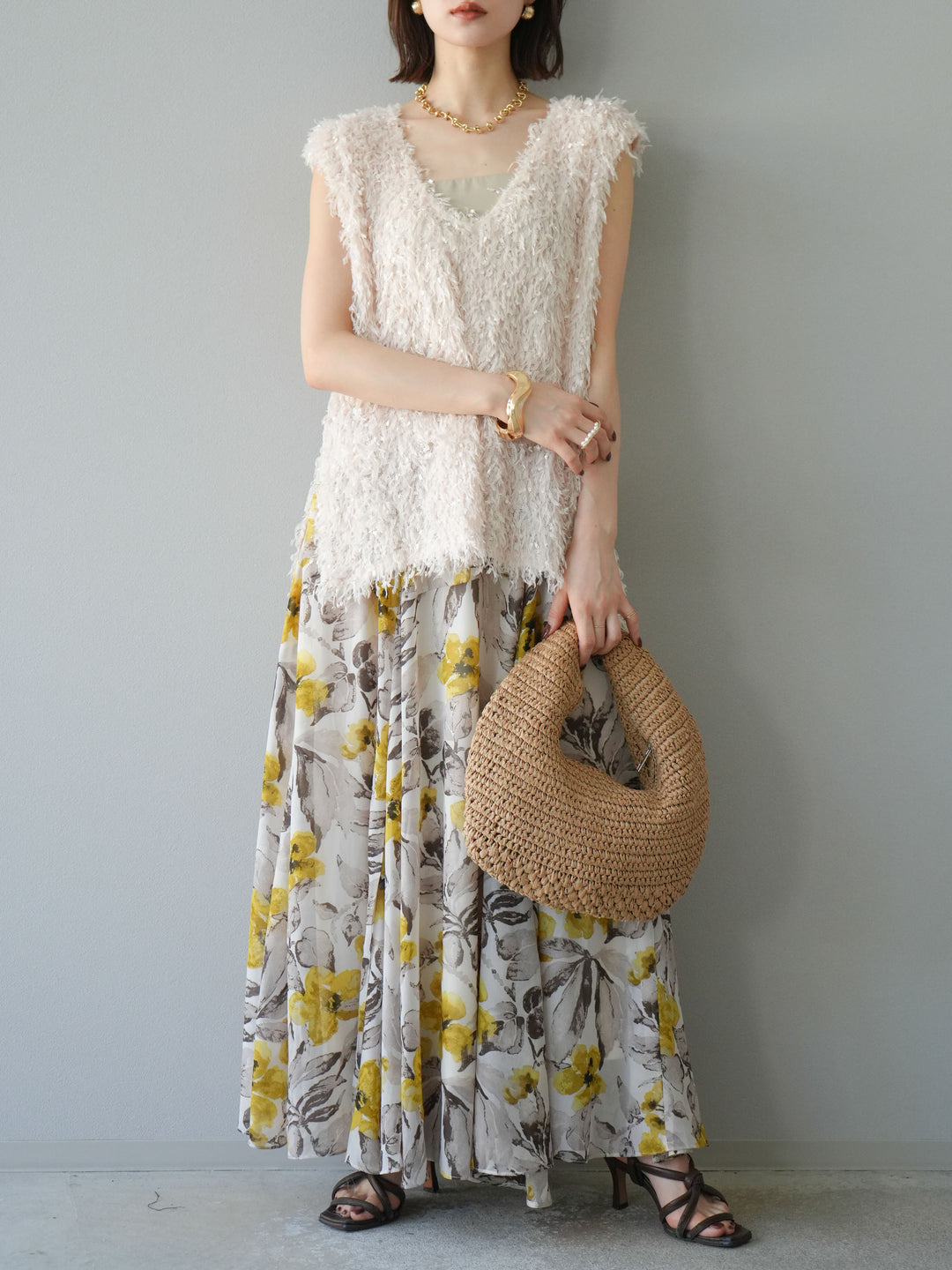 [予約]フラワープリントボリュームフレアスカート/イエロー