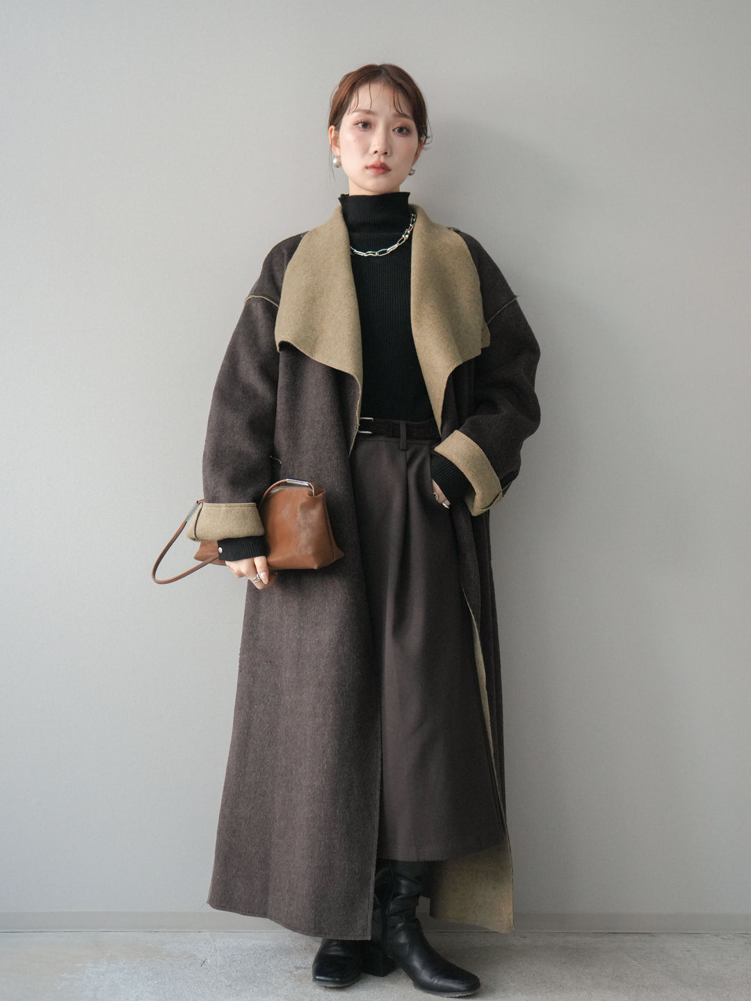 [予約]ダブルフェイスバイカラーロングコート/khaki